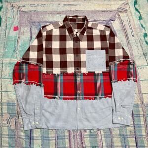 Upcycled plaid patchwork flannel shirt XL Sashiko